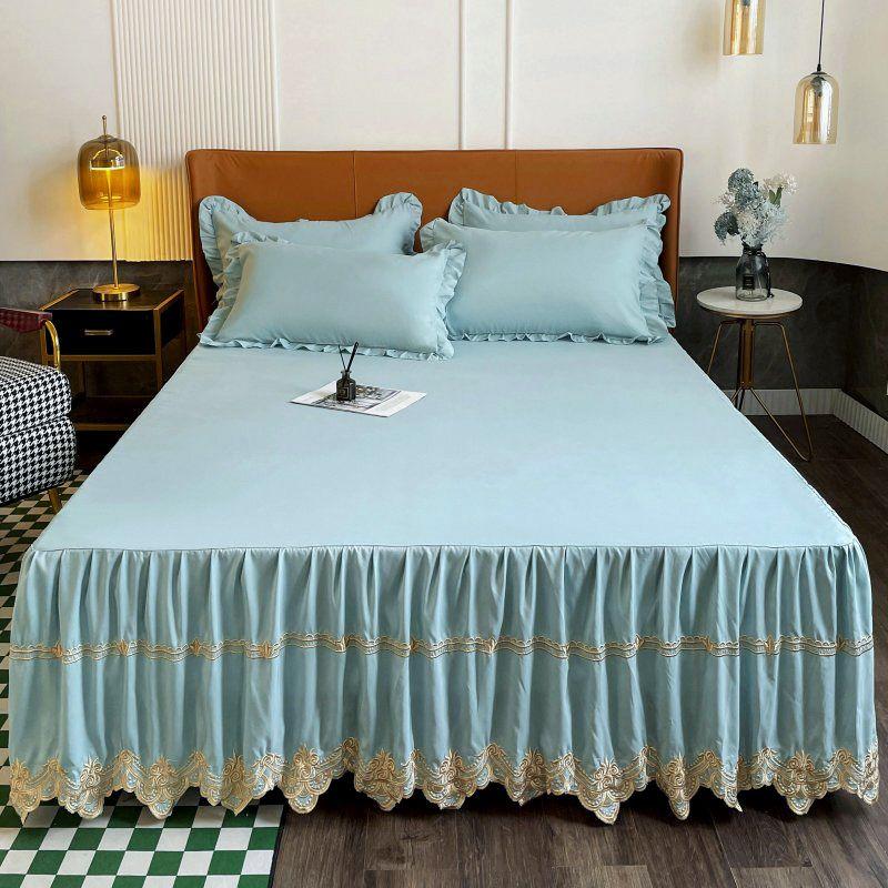 Luxurious Embroidery Bed Skirt Bed Sheet Smooth Comfortable Breathable Sleeping Bedspreads Plain Bed Cover for Bedroom