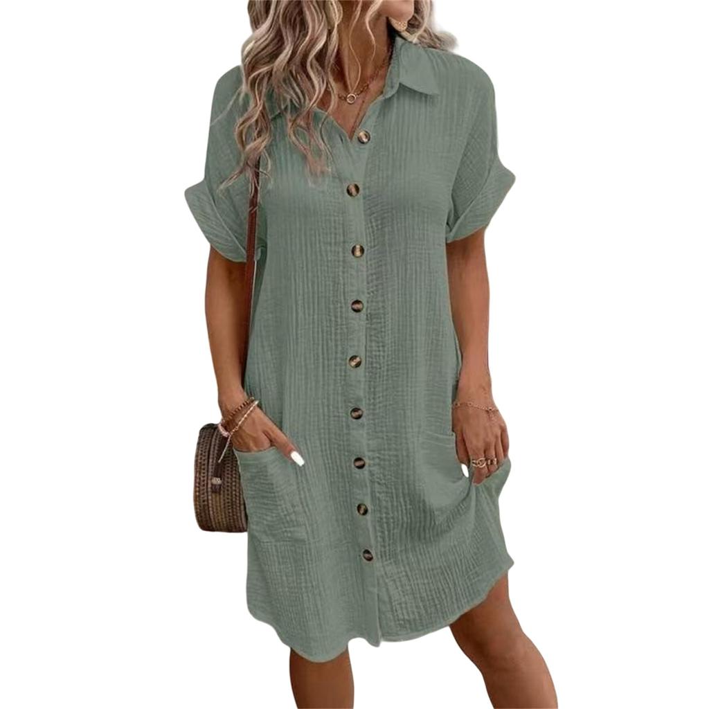 Fashion Women's Summer Casual Short Sleeve V-Neck Button Dress