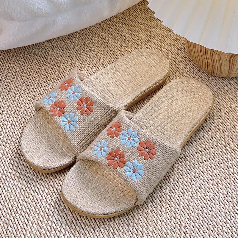 Ретро мода вышитые женские льняные тапочки