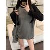 Real Shot Contrasting Color Splicing Shoulder Plugs Long-sleeved T-shirt Women's Autumn Loose and Thin Pure Cotton Top