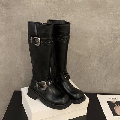 Модные винтажные женские рыцарские длинные сапоги, модные элегантные туфли с пряжкой-ремнем, квадратный каблук, женские ковбойские ботильоны в западном стиле