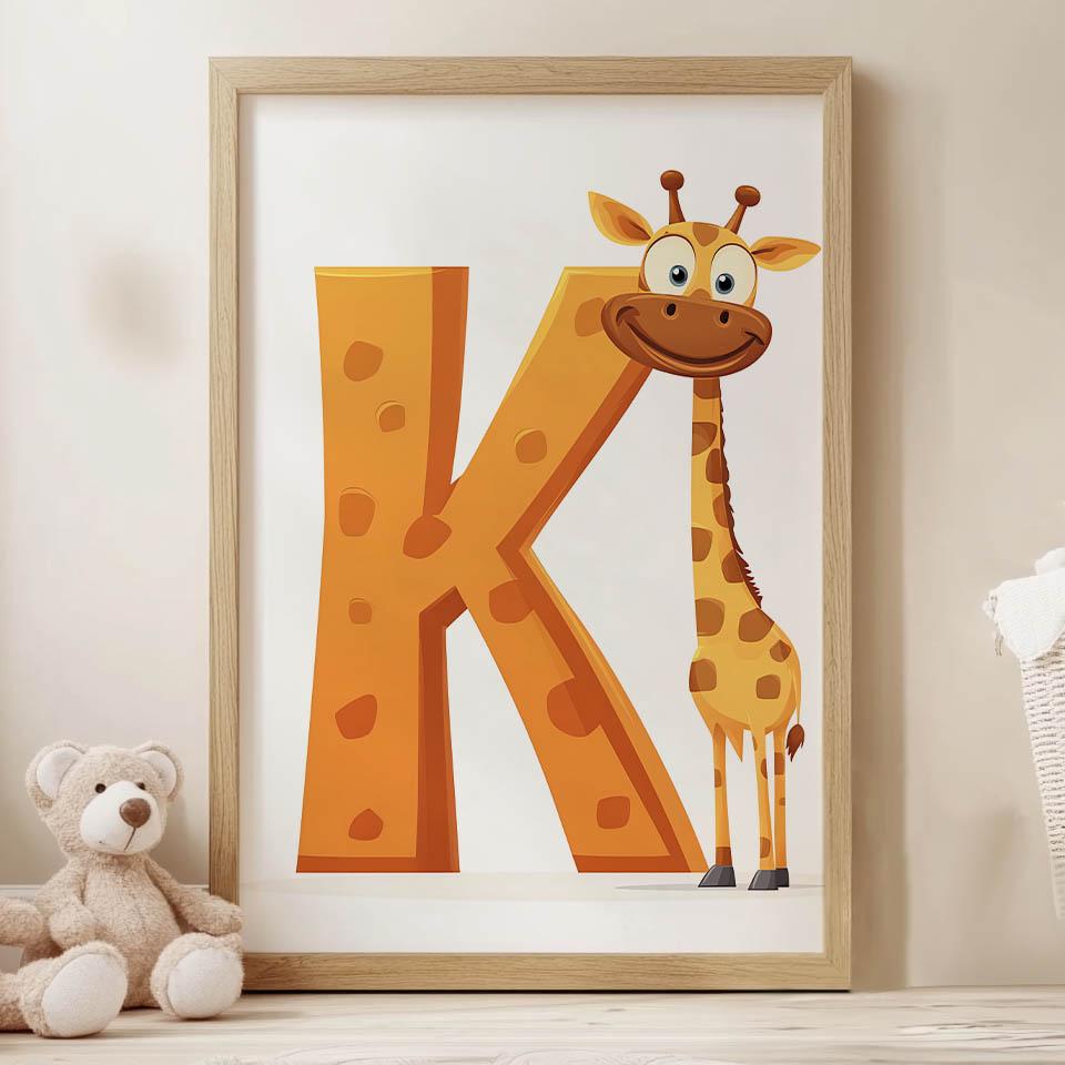 Żyrafa Z Literką K - Radosny Plakat Dla Dzieci Żyrafa Z Literką K - Radosny Plakat Dla Dzieci, 70X100 Cm, Rama Drewniana Ciemny Brąz, Papier Matowy 23