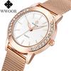 WWOOR Новые женские часы с бриллиантами и сетчатым ремешком, кварцевые водонепроницаемые повседневные часы