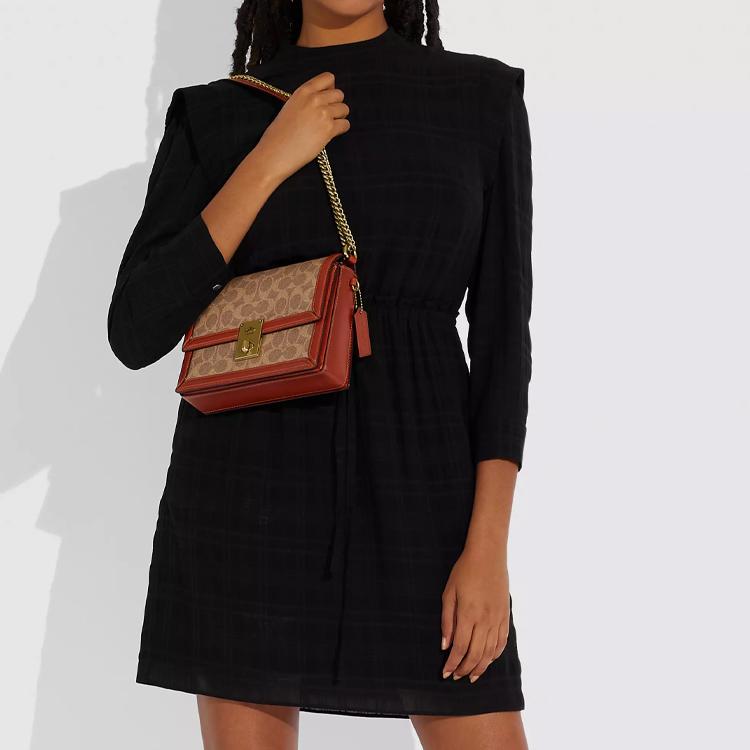 New COACH Hutton Cow Leather Envelope Bag Shoulder Bags Women's Brown Yellow CJ390-B4NQ4