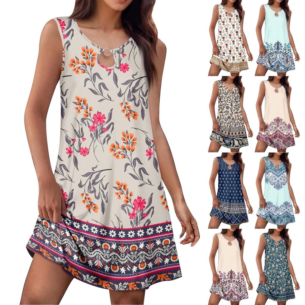 Women's Summer Fashion Tank Dress A-Line Sleeveless Casual Floral/Solid Pocket Dress