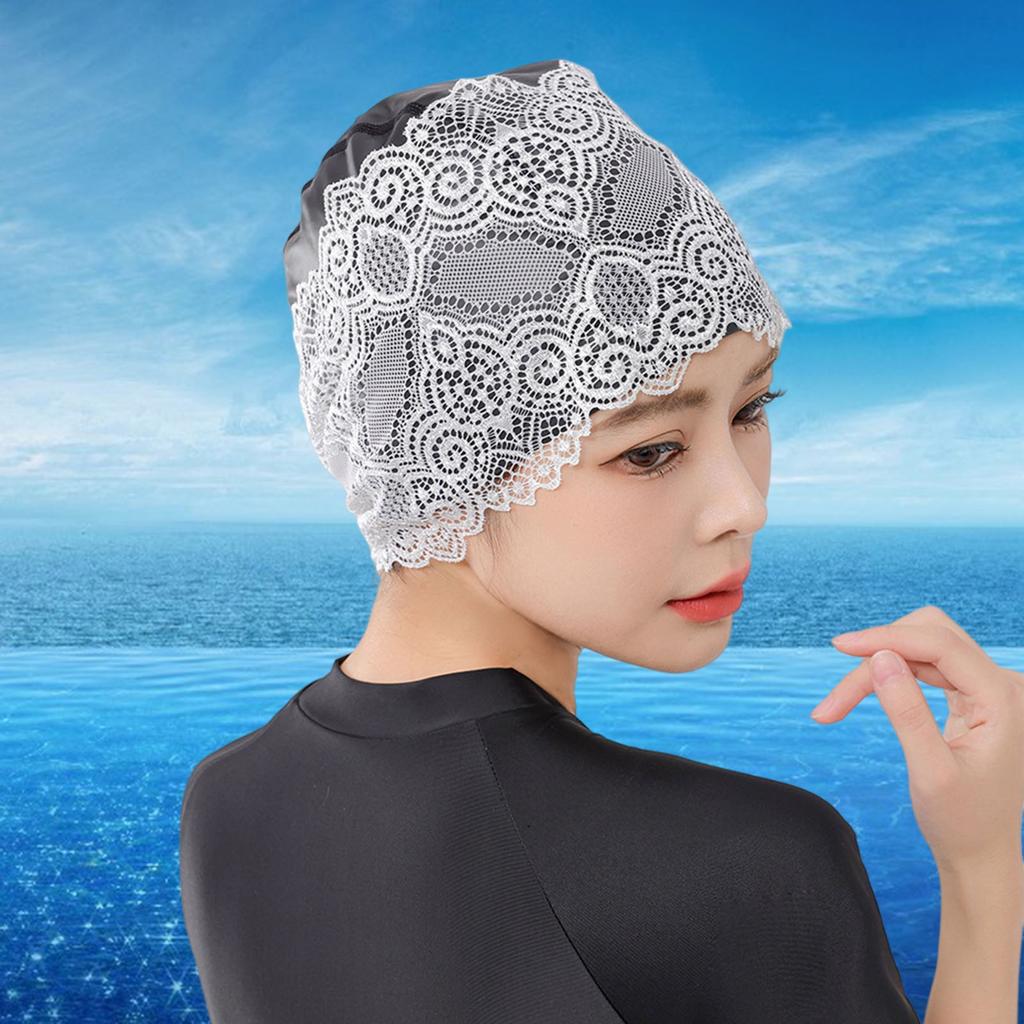 Женская шапочка для плавания с кружевным цветком, водонепроницаемое покрытие из искусственной кожи, шапка для бассейна, защита длинных волос, уши, аксессуары для плавания