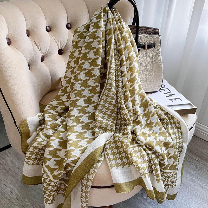 Korean Version of Houndstooth Women's Spring and Summer Sun Protection Shawl Cotton and Linen Beach Towel
