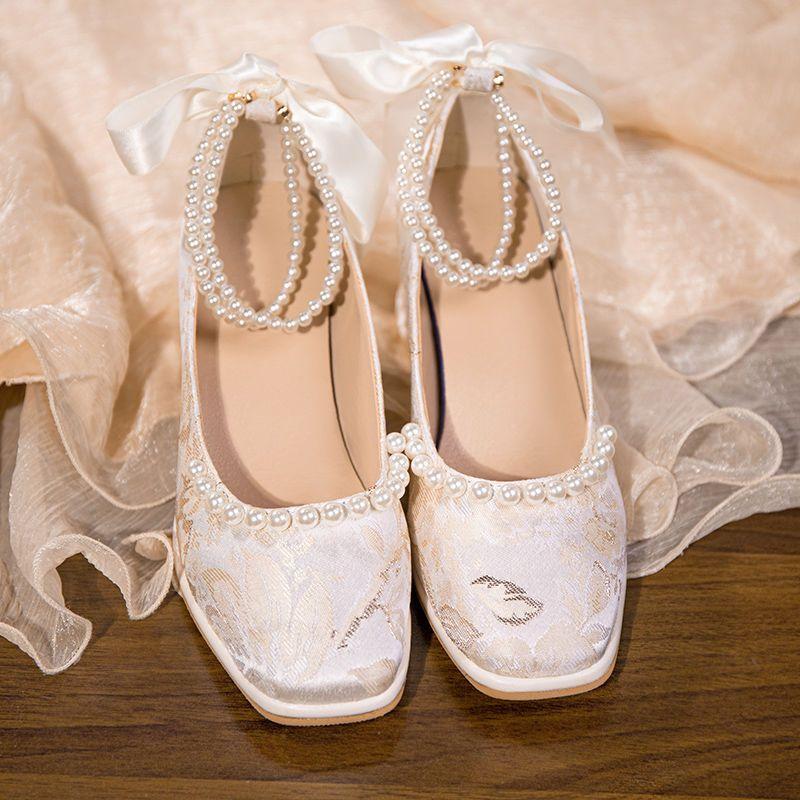 Retro Mary Jane Square Heel Chinese Style Retro Cheongsam Shoes Gentle Medium Heel Ethnic Wind Women's Shoes for Shopping Dating Banquet