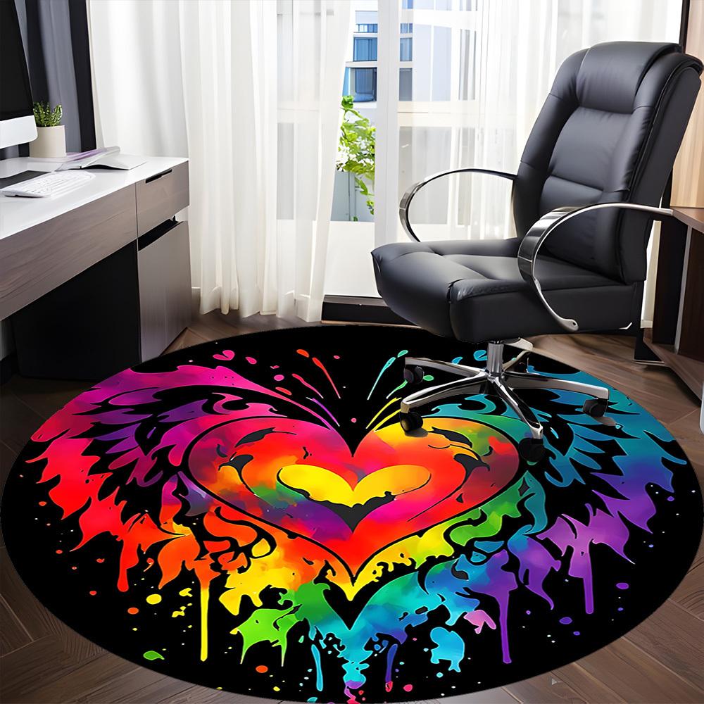 1PC Heart Rainbow Office Round Area Rug,  Mat Suitable ForOffice, Under Office Chairs Bedroom Living Room Home Decor, Room Deco