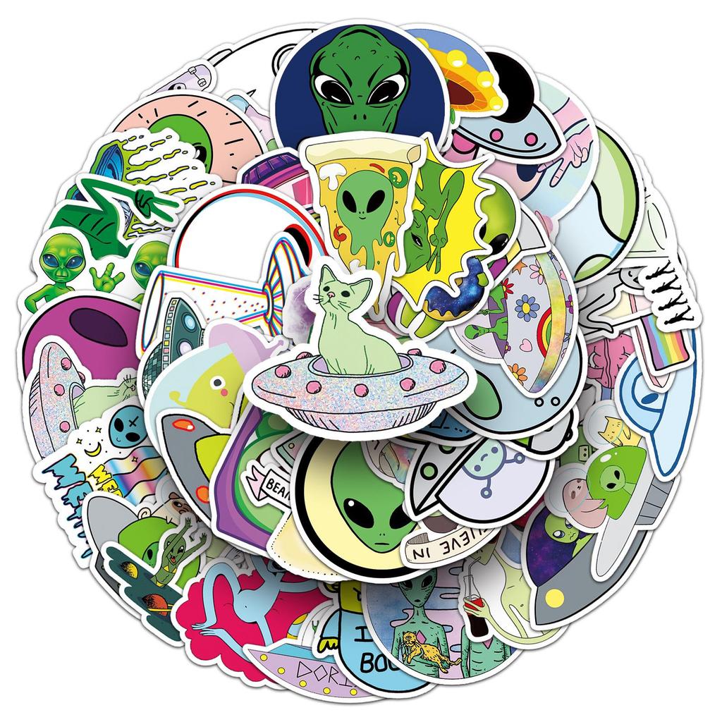 50 Alien-Themed Waterproof Stickers for Suitcases, Skateboards, Scooters, Tablets, and Cars