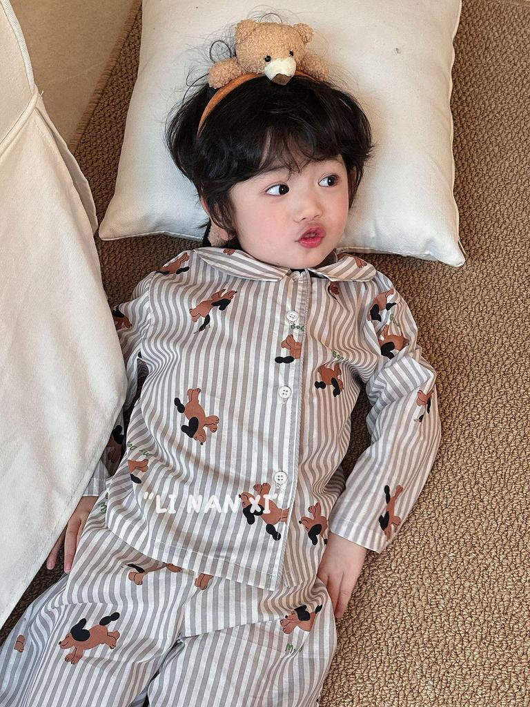 Весна 2025 Милый мультяшный пижамный комплект для детей – Отложной воротник, Детский дизайн, Брюки в комплекте