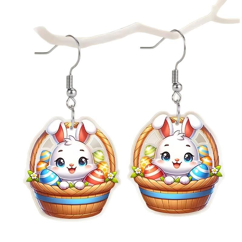 New White Rabbit Earrings 2D Acrylic Creative Rabbit Sitting in Basket with Colored Easter Egg Earrings