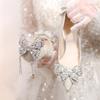 Autumn New Pointed Single Shoes Thin Heel Shallow Mouth Pearl Bow High Heels Glossy Bridesmaid Wedding Shoes