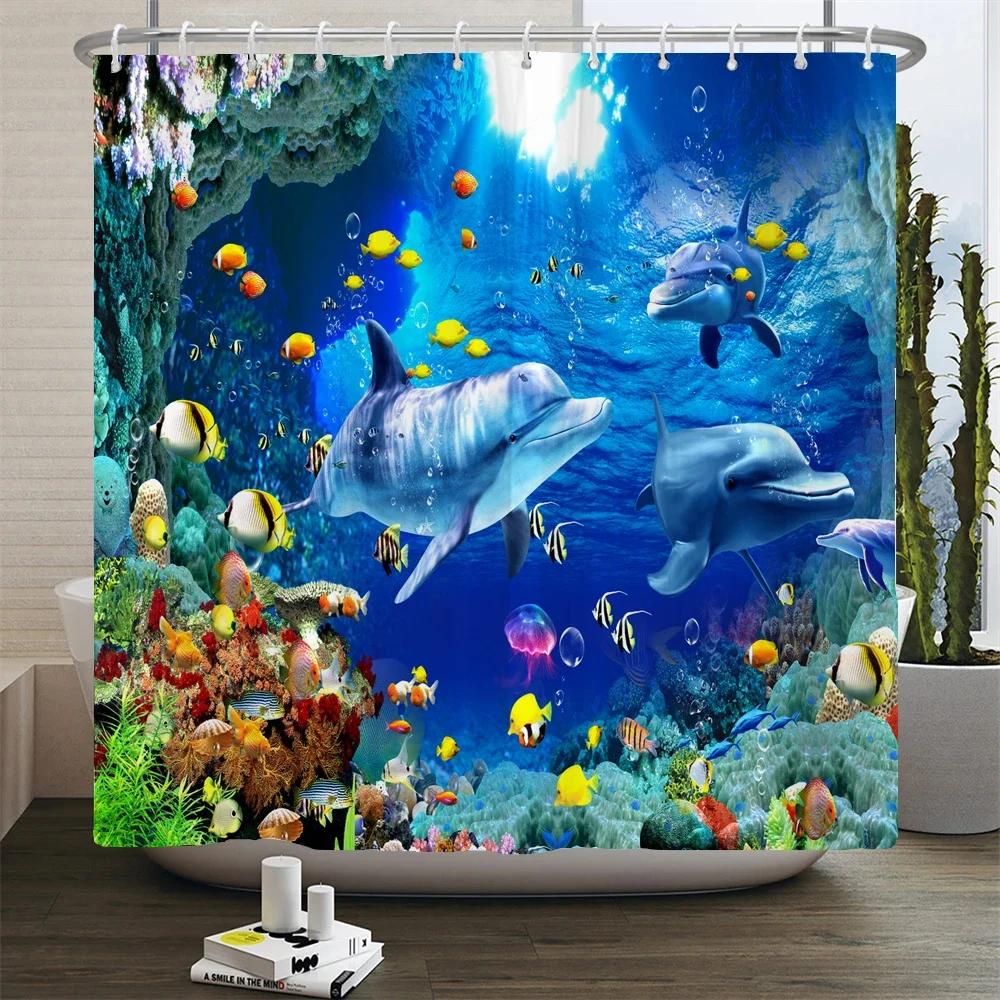 Подводный мир Рыба Черепаха 3d Шторки для душа Океан Дельфин Морской пейзаж Ткань Водонепроницаемая Занавеска для ванны Декор для ванной комнаты Экран