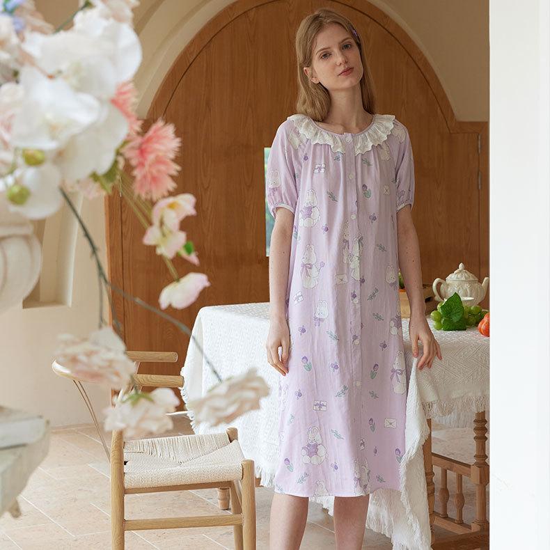 Summer Tianzhu Fiber Double Gauze Ladies Sweet and Cute Yu Rabbit Love Letter Printed Pajamas Pajamas Homewear