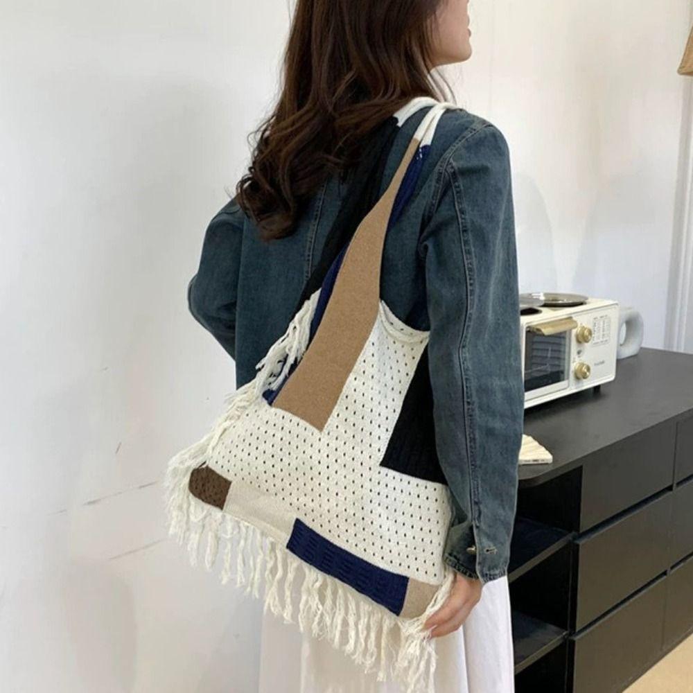 Soft Knitted Tassel Shoulder Bag Patchwork Commuting Tote Bag Trendy Boho Style Handbag  Outdoor