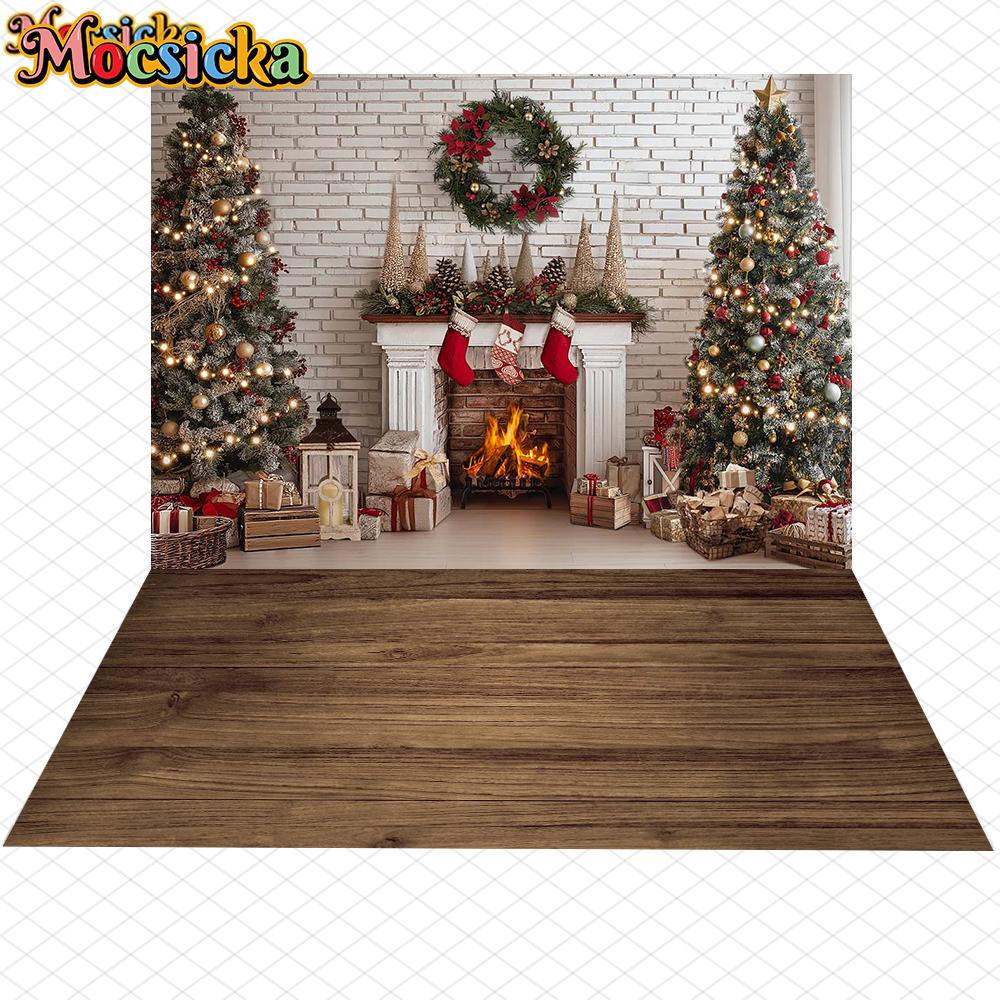 Mocsicka Christmas Fireplace Photography Background Home Xmas Tree Decoration Adult Children Photo Backdrop Holiday Party Banner