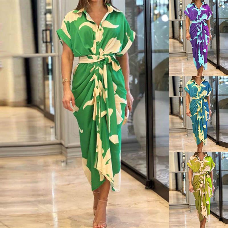 2024 Осень Женское Европейское и Американское Платье-рубашка с принтом и высокой талией, с отложным воротником и короткими рукавами