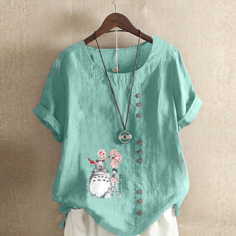 Женская мода, футболка с коротким рукавом и круглым вырезом, повседневная хлопково-льняная рубашка с рисунком, свободная летняя блузка с героями мультфильмов для отдыха, топы