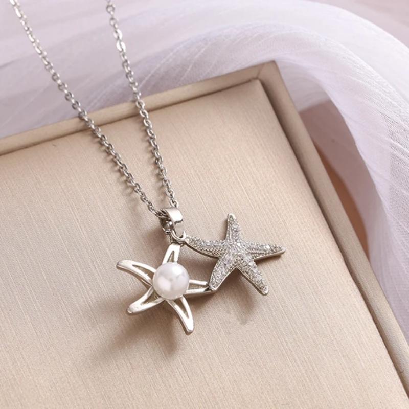 1pcs Copper Micro Set Zirconia Starfish Imitation Pearl Necklace Female Senior Sense of Light Luxury Collarbone Chain Jewelry