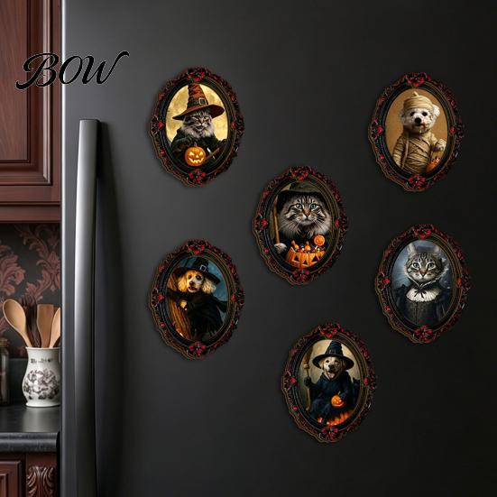 Pet Decorative Frame Halloween Photo Decoration, with Adhesive Dot, Witch Hat Cat Dog Decor Wooden Decor, Retro Animal Ornament for Home Office