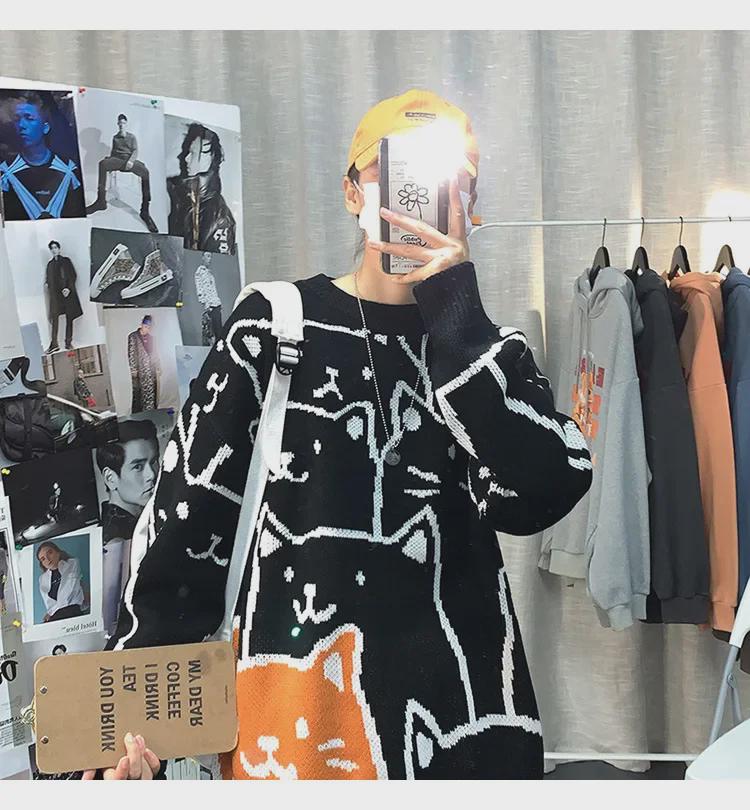 Мужской модный свитер в гонконгском стиле с рисунком - свободный крой, круглая горловина, осенне-зимняя трикотажная мода для студентов