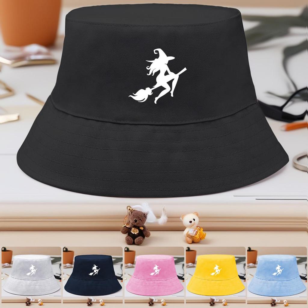 Bucket Hat With White Witch Print , Men's Cap Candy Color Spring Solid Color Basin Hat