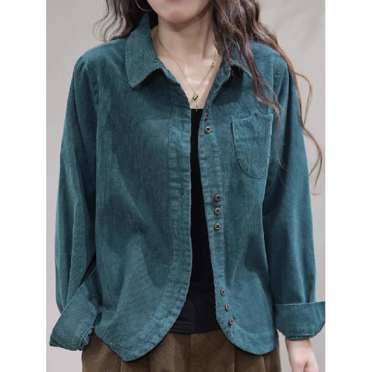 Весна Осень Новая Винтажная Свободная Повседневная Вельветовая Рубашка Женская Карманная Модная Универсальная Кардиганная Верхняя Женская Блузка с Длинным Рукавом Femme