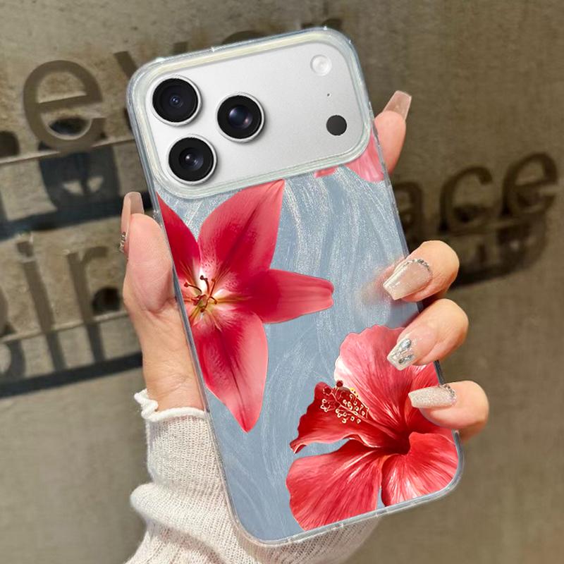 Slim Red Lily Flower Pattern Phone Case For iPhone 17 Air 16e 16 15 14 Pro Max 13 17 Pro Max Shockproof TPU Hybrid Hard PC Phone Cover