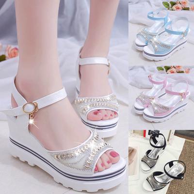 Модные женские летние туфли-лодочки, сандалии на платформе, босоножки на танкетке с открытым носком и кристаллами