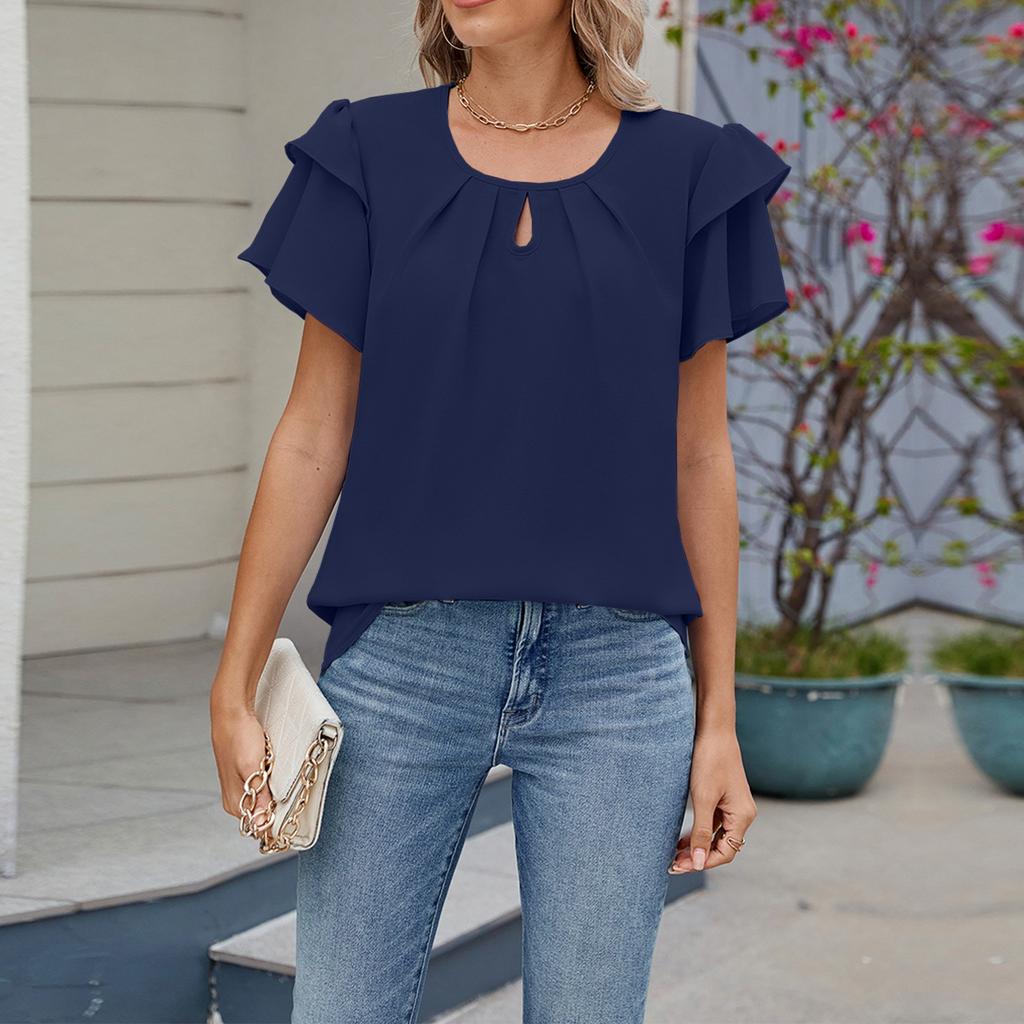 Женские весенние и летние топы, модные женские свободные однотонные топы с круглым вырезом и коротким рукавом из шифона