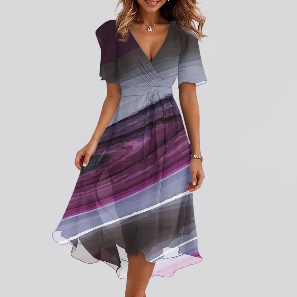Женский летний повседневный сарафан миди с текстурным принтом, запахом, V-образным вырезом, оборками, капюшоном, короткими рукавами, поясом, А-силуэта, с оборкой по подолу