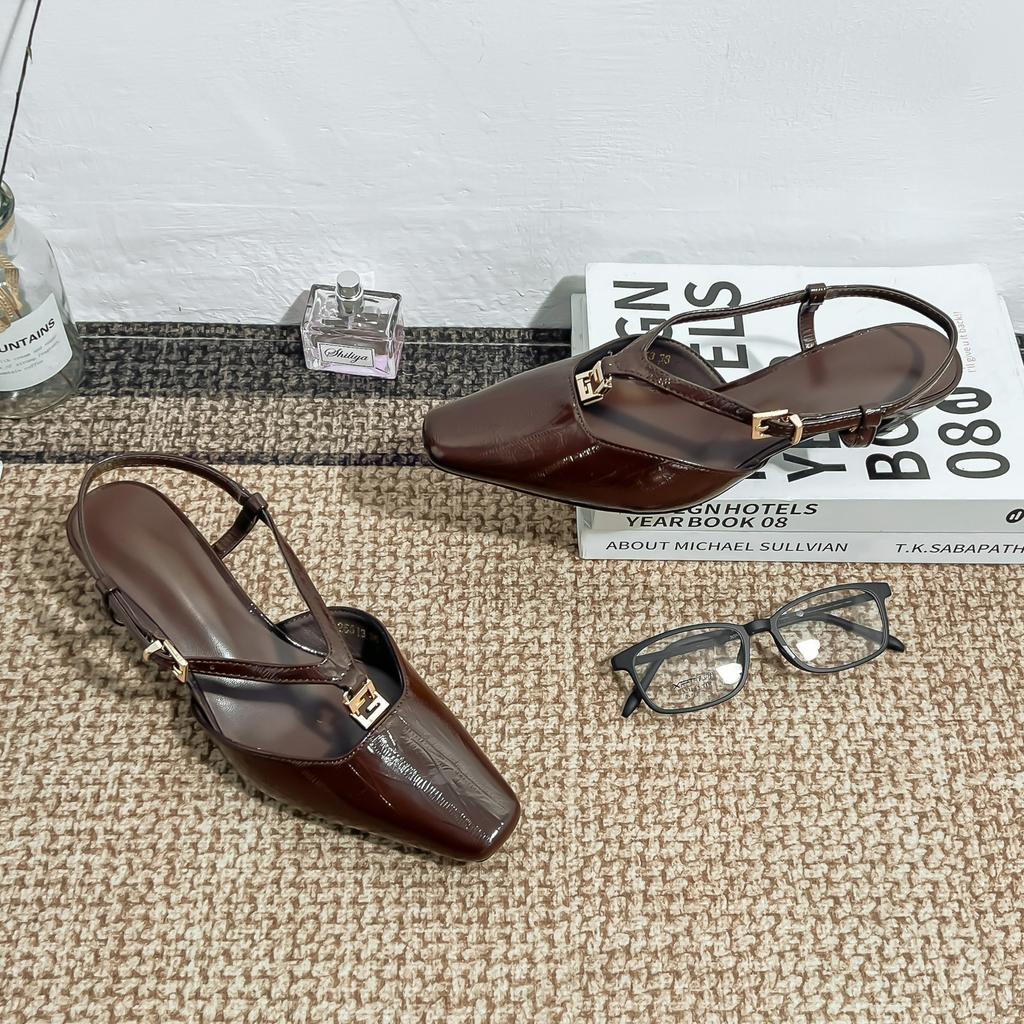 2025 Summer New Bag Head Cool Slippers Women's Rear Empty Single Shoes Thick Heel High Sense French High Heels Are Not Tired