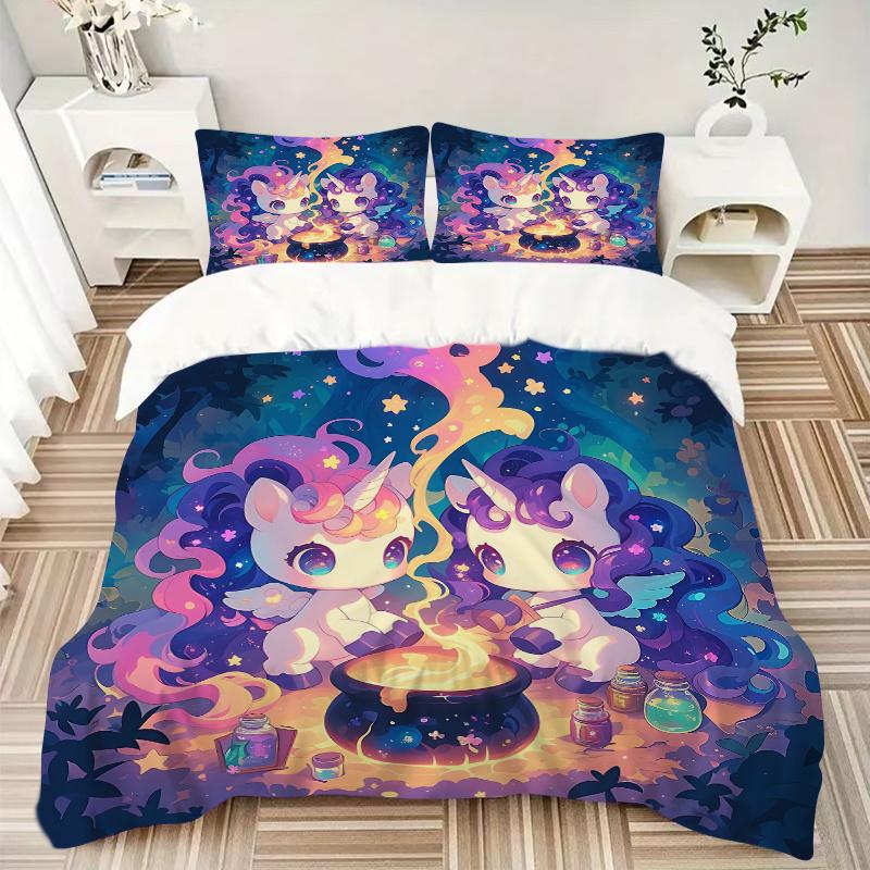 3pcs Two Cute Unicorns Printed Duvet Cover Set (1 * Cover+2 * Pillowcase, Without Core), Suitable for Home Bedroom, Guest Room, Dormitory Decorat
