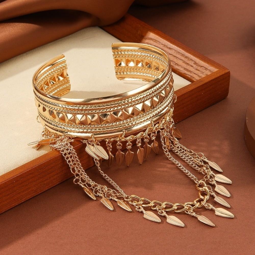 Adjustable Tassel Arm Chain Coin Leaf Boho Open Armlet New Golden Metal Cuff Bangle Party