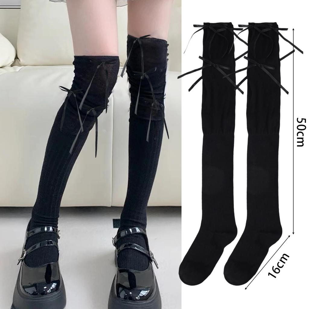 Lolita Long Socks Women Bandage Ribbon Bow Sweet Girls Kawaii Sexy Middle Tube Socks Ballet Style Solid Color Black White Socks