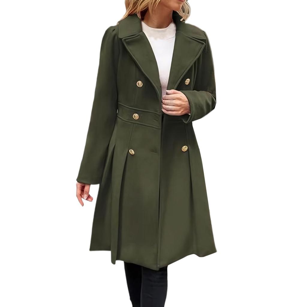 Women's Long Woolen Coat With Double Breasted Buttons
