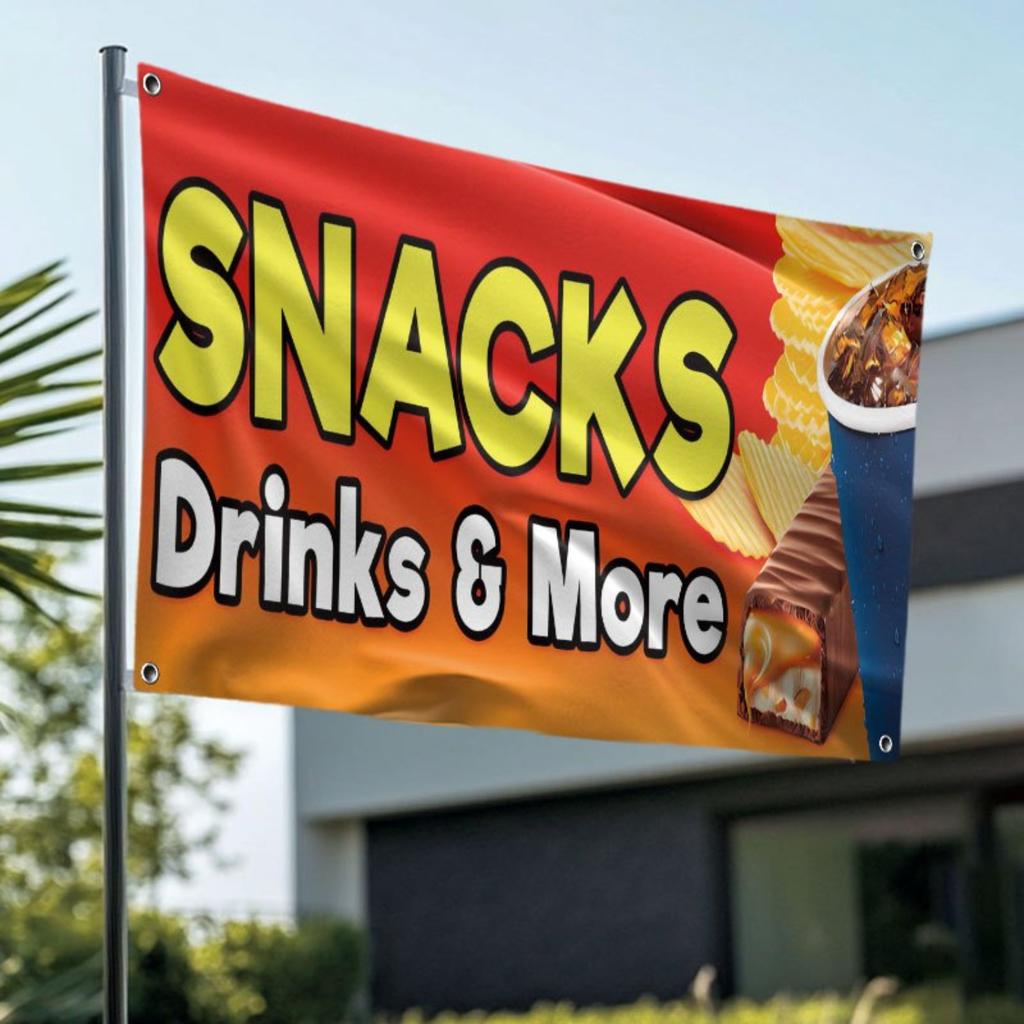 1pc Single-Sided Printed Flag, Durable Polyester Material - 2D Flat, 2D Flat, Vibrant Red And Yellow Color Scheme for "Snacks And Drinks" Banner, 91.4