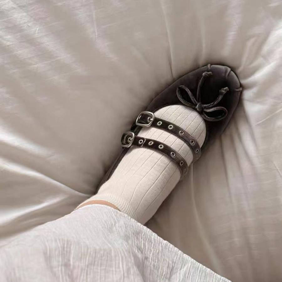 IPPEUM Red Velvet Ballet Flats Shoes Round Toe  Bow Ballerinas Zapatos Mujer Women Mary Janes