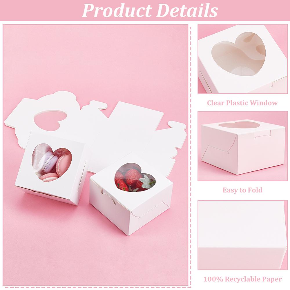20pcs Square Kraft Paper Muffin Storage Gift Boxes Heart Visible Winbow Gift Packaging Case for Cake Packaging WhiteSmoke 10x10x6.5cm