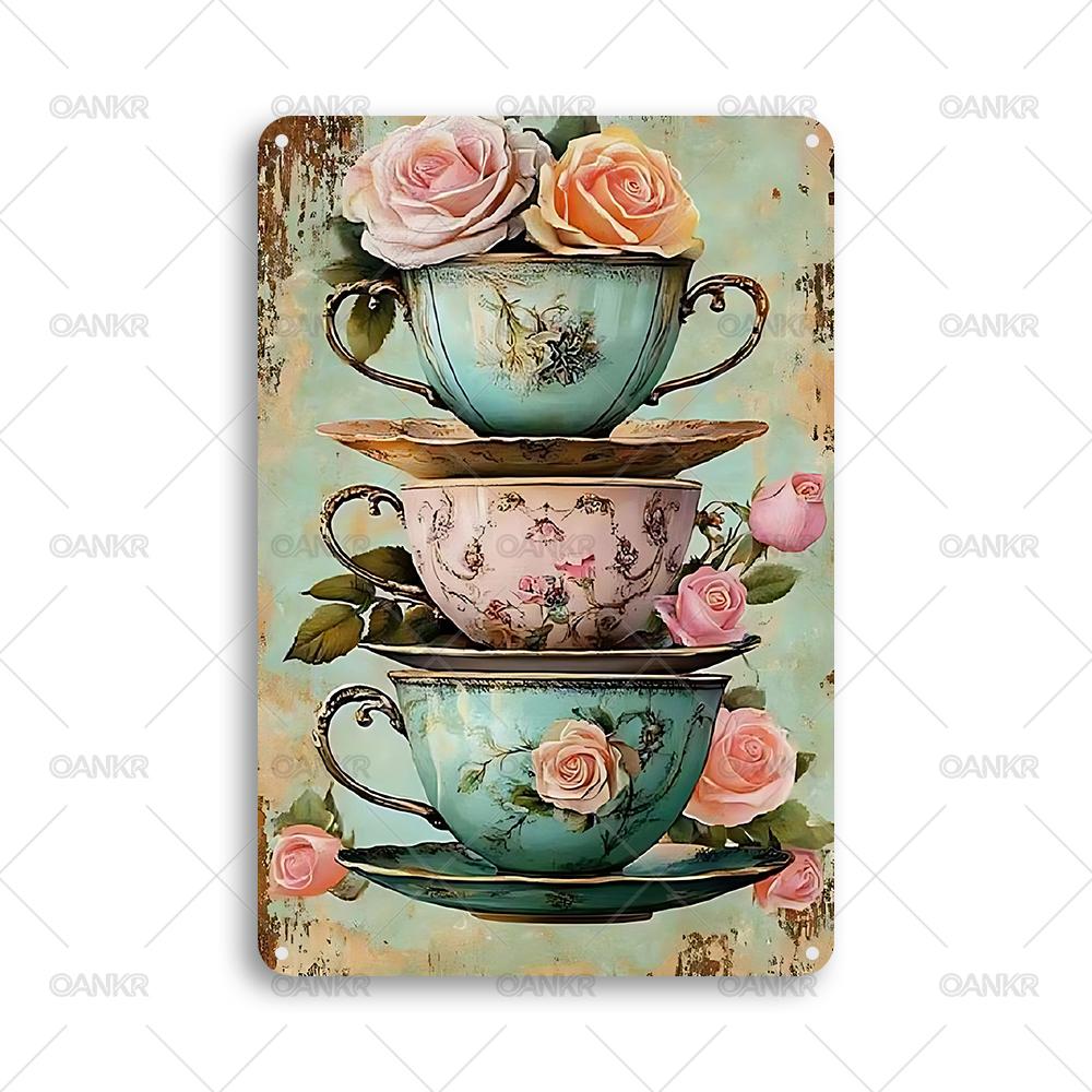 Vintage Garden Art Poster Metal Tin Sign Tea Cups Roses Metal Signs for Backyard Bedroom Home Wall Decor Plaque Accessories