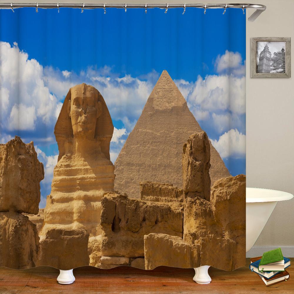 Древний Египет Пирамиды Пейзаж Принт Шторка для душа с крючками Декор Полиэстер Водонепроницаемая Занавеска для ванной 3D Шторки для душа