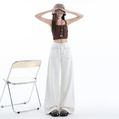 Джинсы широкие белые весенние новые с высокой посадкой прямые стройнящие и универсальные моппинг свободного драпирующегося дизайна