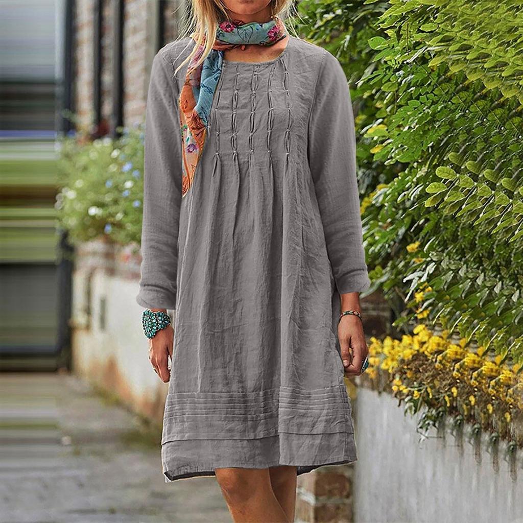 Женское платье с круглым вырезом, однотонное, свободного кроя, повседневное, из хлопка и льна