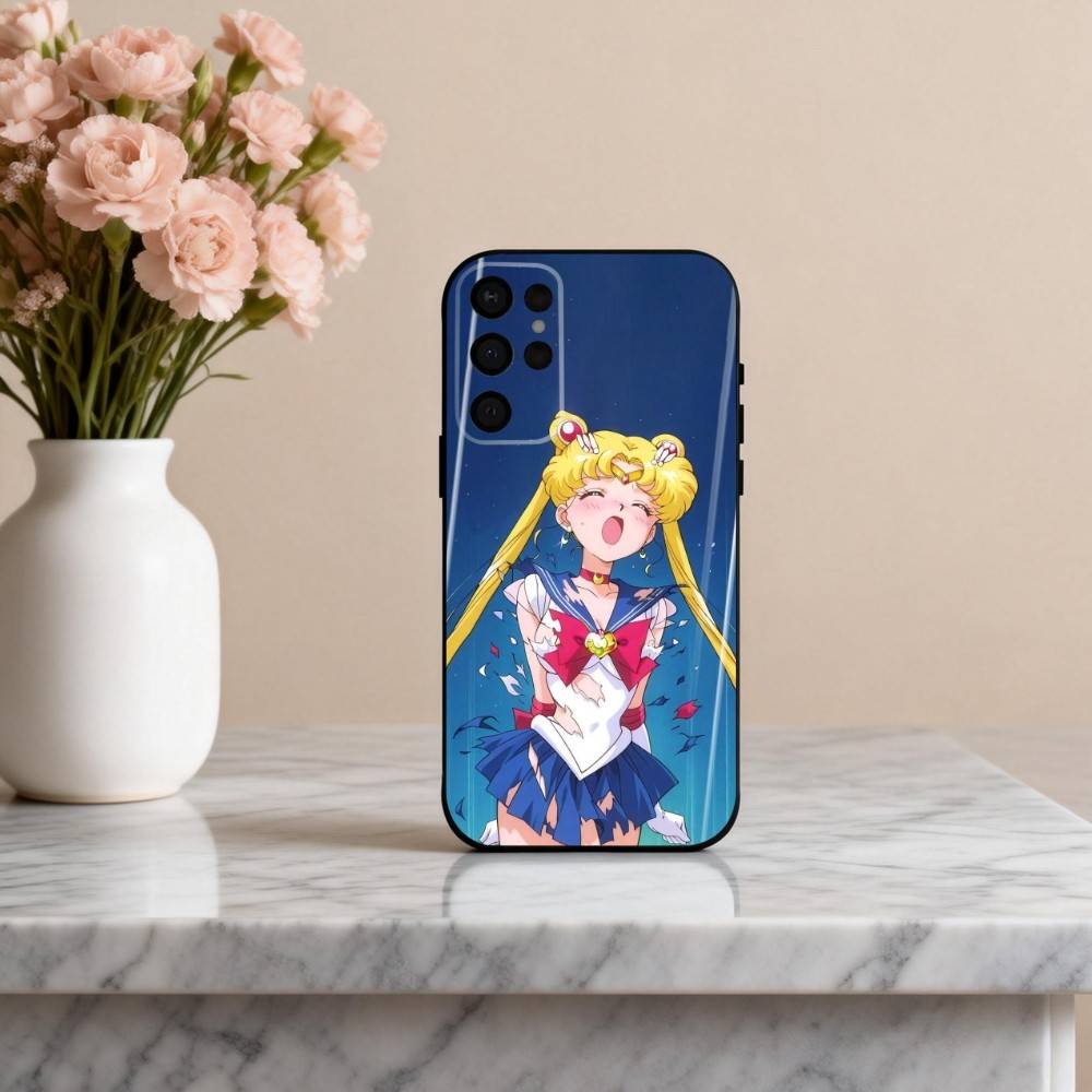 Блестящий Пастельный Чехол-Кейс S-Sailor M-Moons для Samsung S25,24,23,22,30,21,10,9,Ultra,Plus,Lite,FE,4,5 G Мягкий Черный Чехол