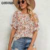 Летняя женская футболка с цветочным принтом, свободная футболка с круглым вырезом и пуловером