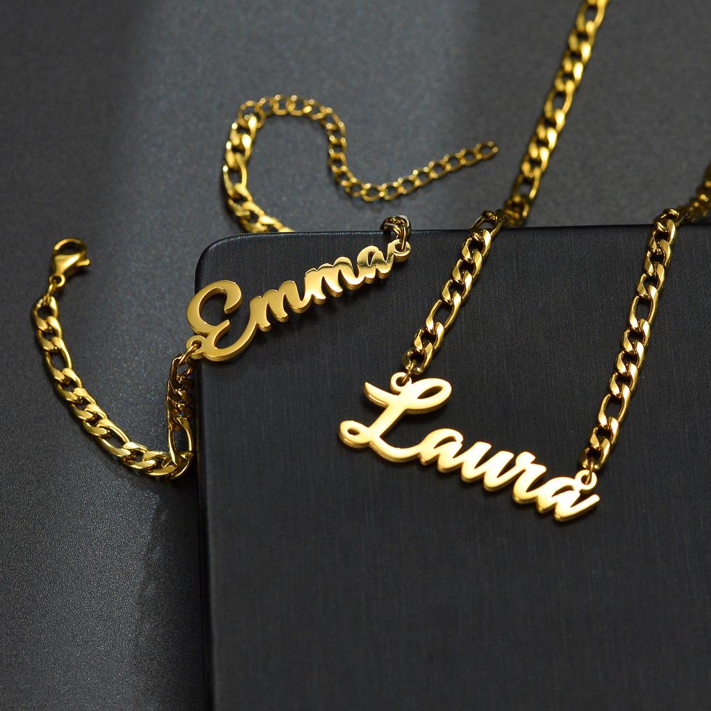 Atoztide Personalized Custom Name Necklace Bracelet Jewelry Set Figaro Chain Pendant Stainless Steel For Women Birthday Gift