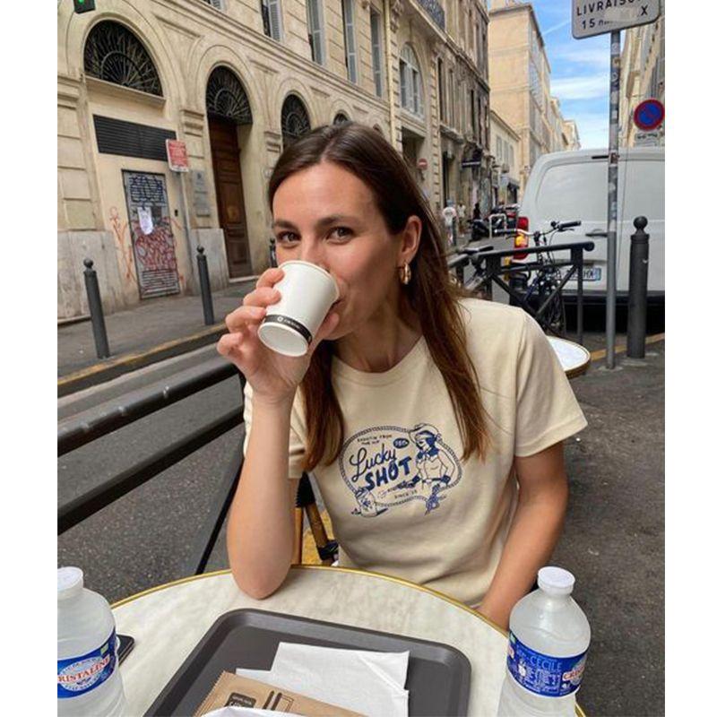 American Vintage Sports Style Lucky Shot Letter Print Cotton Apricot Loose Casual Short Sleeve T-shirt Women