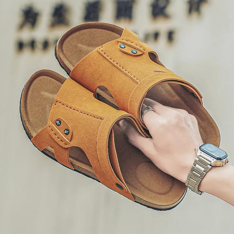 Мужские удобные повседневные сандалии для спальни, летние шлепанцы на плоской подошве, пробковые тапочки для мужчин, домашние шлепанцы с поддержкой свода стопы, zapatos