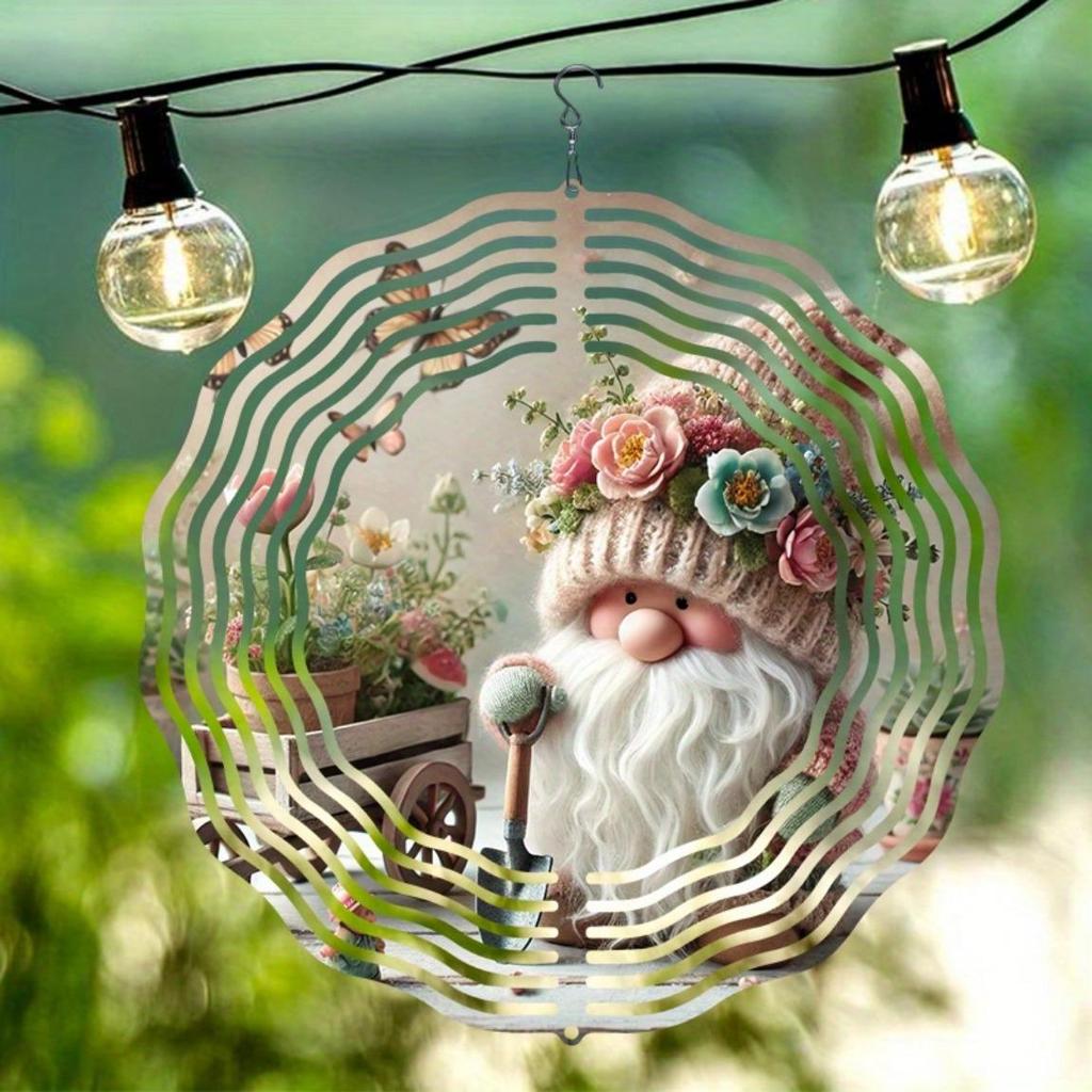 Garden Gnome Wind Chime Outdoor Hanging Decor with Floral Hat for Patio Wedding Birthday Christmas Gift Holiday Metal Weather Resistant